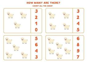 Counting game with farm sheep. Math worksheet. vector