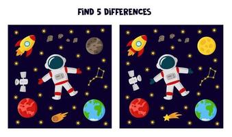 Find 5 differences between pictures. Space themed worksheet for kids. vector