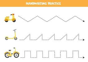 Trace the lines with transportation means. Writing practice. vector