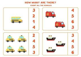 Math game. Count all vehicles. Transportation themed games. vector