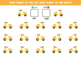 Left or right with moped. Logical worksheet for preschoolers. vector