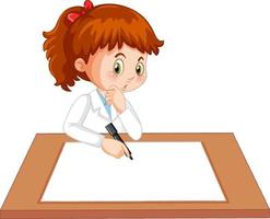 Linda chica vistiendo uniforme científico escribiendo en papel en blanco vector