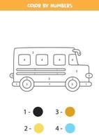 autobús escolar de dibujos animados en color por números. hoja de trabajo de transporte. vector