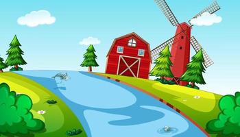 Nature background scene with barn, windmill and river vector