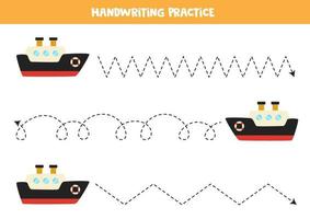 Trace the lines with cartoon ship. Writing practice. vector