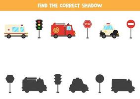 Find the correct shadow of vehicles. Logical puzzle for kids. vector