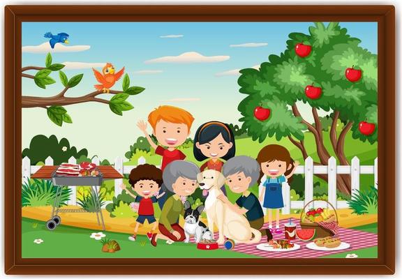 Happy family picnic outdoor scene photo in a frame