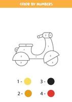 ciclomotor de dibujos animados en color por números. hoja de trabajo de transporte. vector