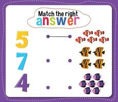 Match the right answer math worksheet for kids vector