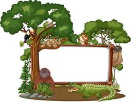 Banner vacío con animales salvajes y árboles de la selva sobre fondo blanco. vector