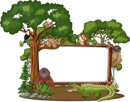 Empty banner with wild animals and rainforest trees on white background