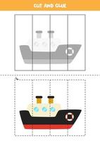 Cut and glue game for kids. Cartoon ship. vector