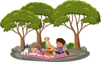 niños haciendo picnic en el parque con muchos árboles. vector