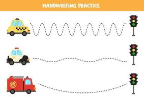 Trace the lines with transportation means. Writing practice. vector