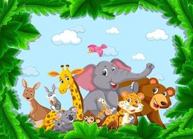 Wild animals group in the forest frame vector