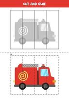 Cut and glue game for kids. Cartoon fire truck. vector