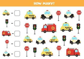 juego de matematicas. contar todos los vehículos. juegos temáticos de transporte. vector