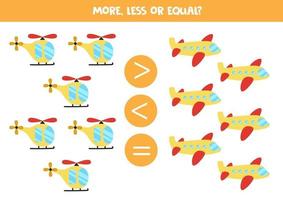 More, less, equal with cartoon helicopter and plane. vector