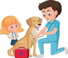 Médico veterinario y perro sobre fondo blanco. vector