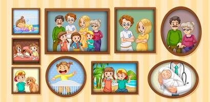 Set of happy family photo on the wooden frame vector