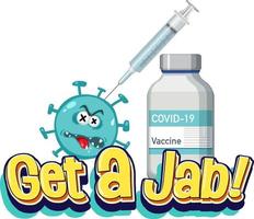 obtenga una fuente jab con personaje de dibujos animados de coronavirus y jeringa vector