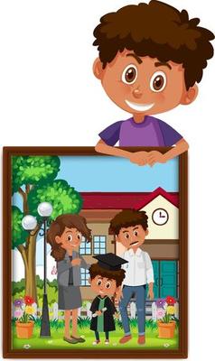 Cartoon character of a boy holding his graduation photo