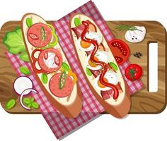 Top view of breakfast set on a cutting board isolated vector