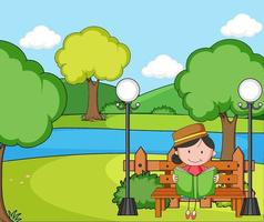 Park scene with a girl reading book sitting on bench vector