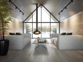 Una sala de estar interior de una casa forestal en la ilustración 3d