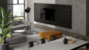 Interior minimalista de una moderna sala de estar en 3D.