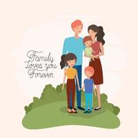 family day card with parents and kids in the field vector