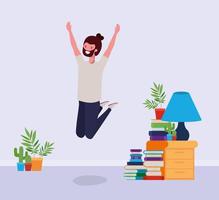 young man with beard jumping in the livingroom vector