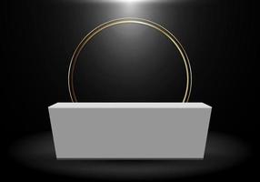 3D rendering realistic black product shelf standing backdrop with gold circle blank white pedestal podium display on dark background vector