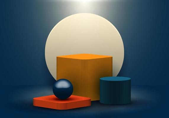3D realistic geometric shapes blue, yellow, red color product shelf standing backdrop with circle blank pedestal podium display on dark blue background