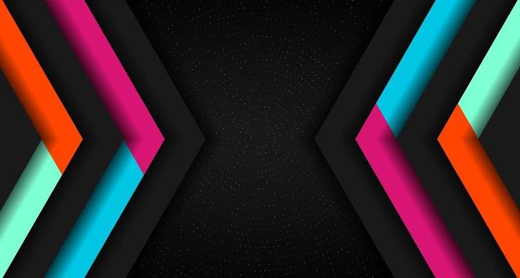 Abstract vibrant color triangle geometric overlap layer on glowing particles dots black background technology concept.