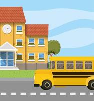 school building and bus in the road scene vector