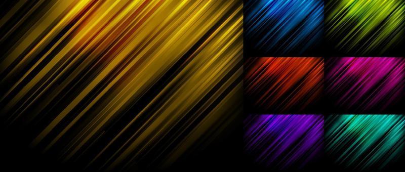 Set of abstract blue, yellow, green, red, pink, purple stripe diagonal lines light on black background
