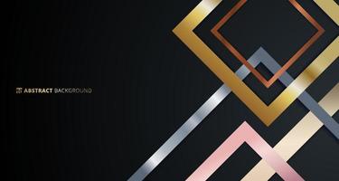 Abstract geometric square border pattern golden, silver, pink gold metallic overlapping on black background. vector