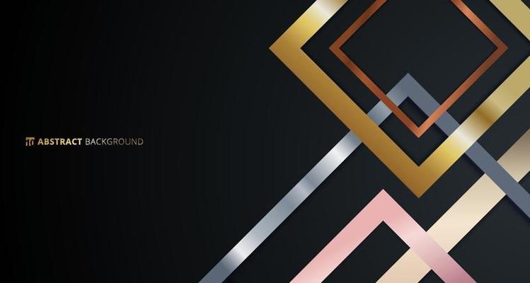Abstract geometric square border pattern golden, silver, pink gold metallic overlapping on black background.