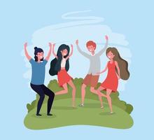 young people jumping celebrating in the park characters vector