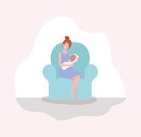 Mother with newborn baby on the sofa vector