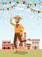 joven agricultor celebrando con guirnaldas y paisaje urbano vector