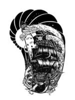 Pirate skull with ship vector tattoo hand drawing