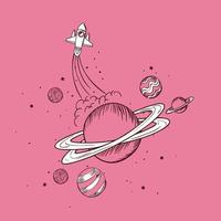 Hand drawn rocket and planets doodle vector