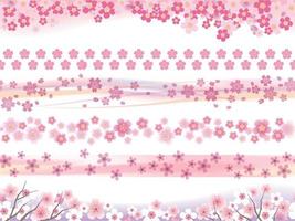 Set Of Five Seamless Cherry Blossoms Banners Isolated On A White Background, Vector Illustration. Horizontally repeatable.