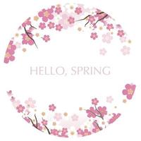 Round Vector Background Illustration With Cherry Blossoms In Full Bloom Isolated On A White Background.