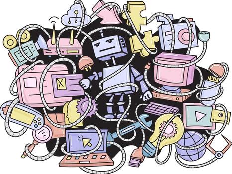 Doodle Robot and Gadgets Pattern Background vector