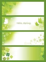 Fondo de vector de primavera con hojas verdes frescas, mariposas, pétalos de flores y trébol de cuatro hojas.