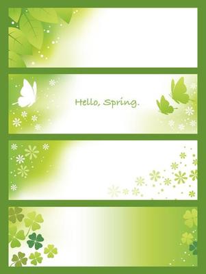 Springtime Vector Background Set With Fresh Green Leaves, Butterflies, Flower Petals, And Four-Leaf Clover.