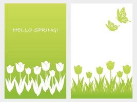 Set Of Vector Springtime Background Illustration With Tulips, Butterflies, And Text Space Isolated